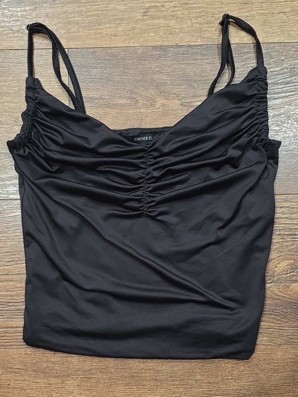 Forever 21 ruched-front cami top featuring adjustable spaghetti straps and side